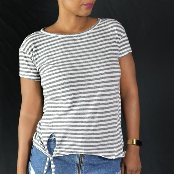 Stateside Striped Tee Gray Crewneck Side Tie T Shirt Top Short Sleeve Size XS - Picture 1 of 12